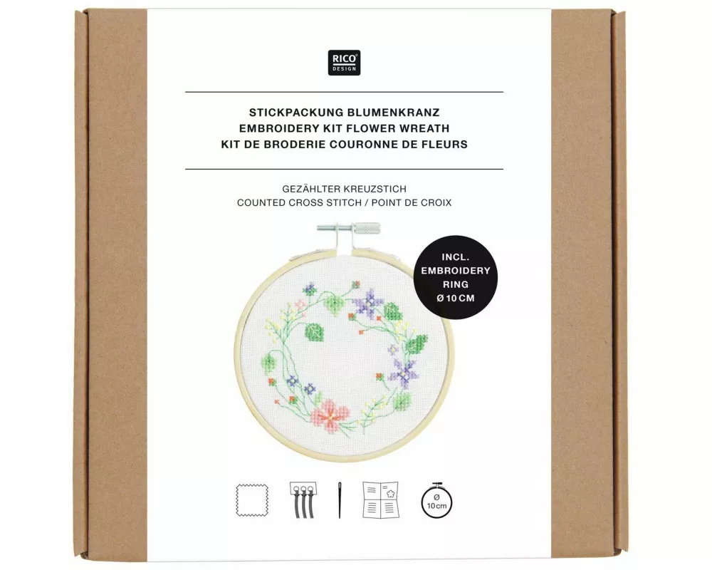 Stickpackung Gezählter Kreuzstich, Blumenkranz, Ø 10 cm