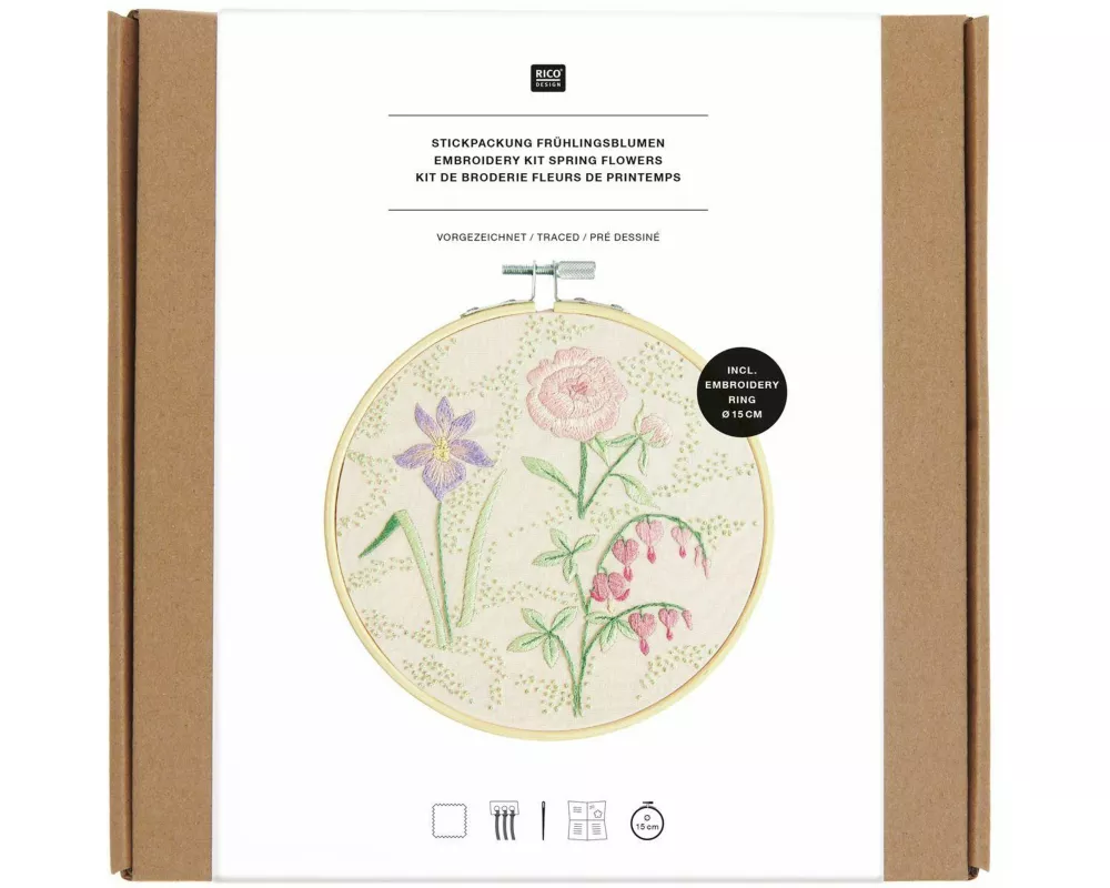 Stickpackung Vorgezeichnet, Frühlingsblumen, Ø 15 cm