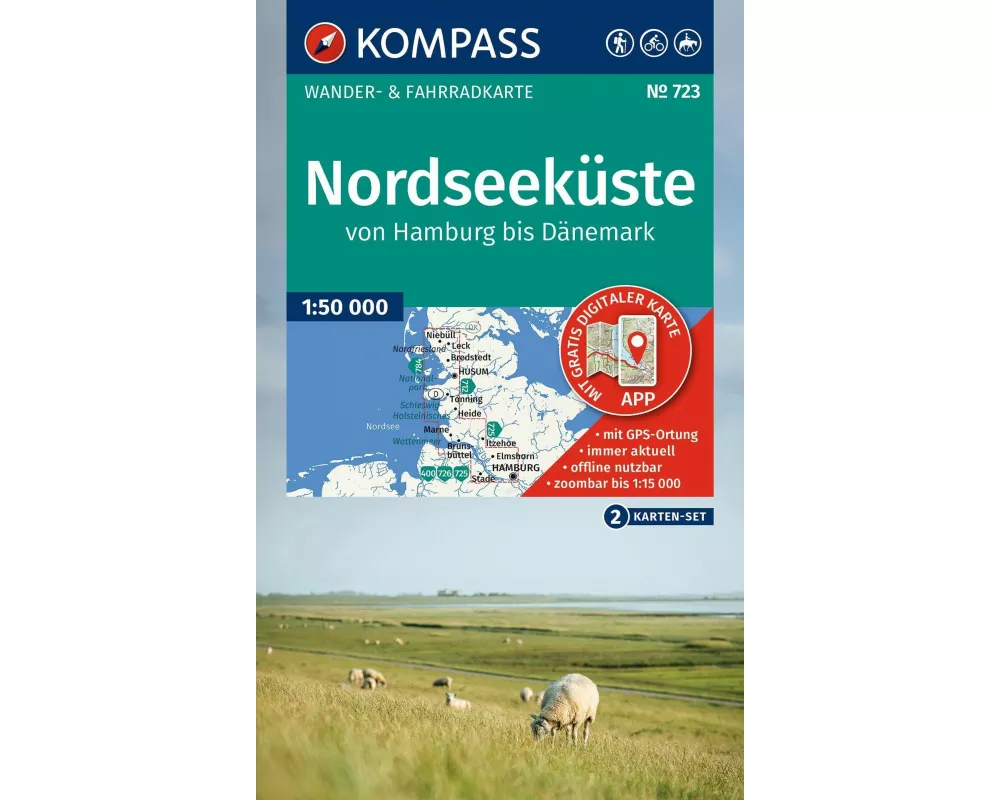 KOMPASS Wanderkarten-Set 723 Nordseeküste von Hamburg bis Dänemark (2 Karten) 1:50.000