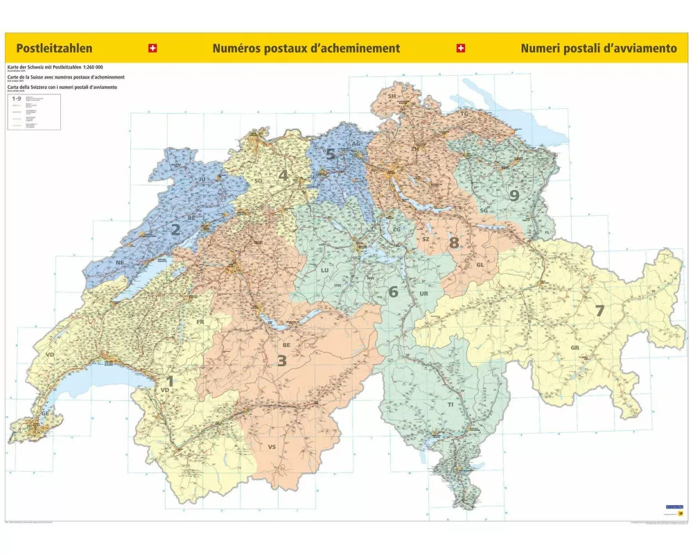 Kümmerly+Frey Thematische Karte Schweiz Postleitzahlenkarte Poster 1:260.000