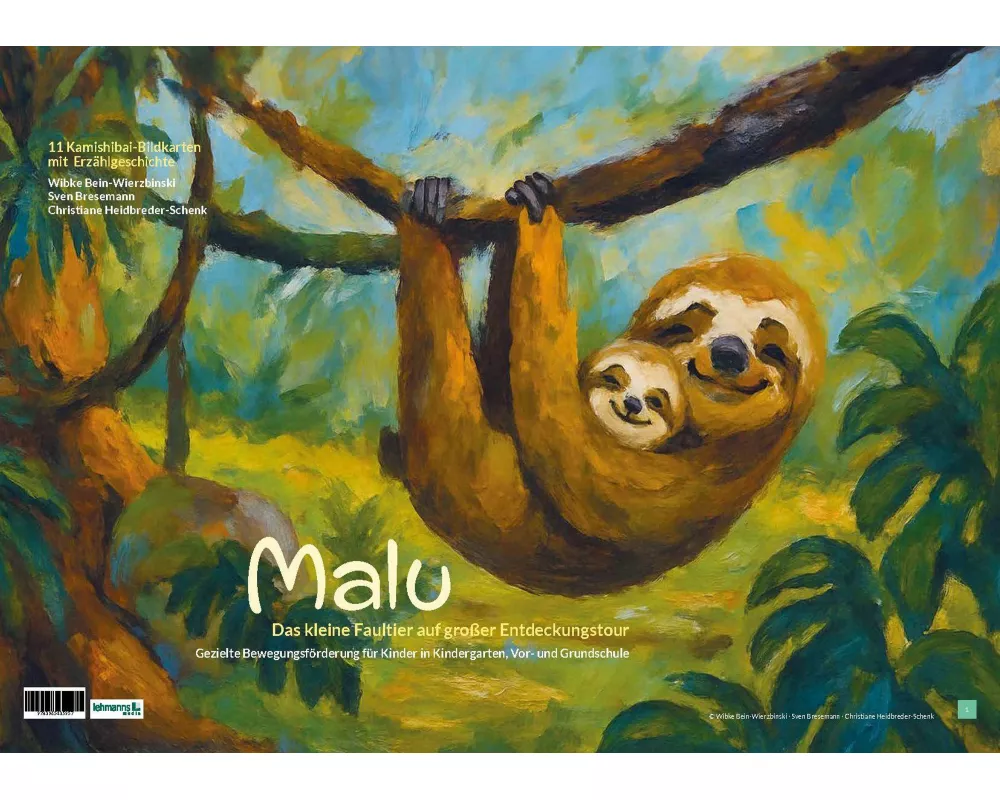 13 Kamishibai-Bildkarten mit Erzählgeschichte zum gleichnamigen Buch "Malu - Das kleine Faultier auf großer Entdeckungstour - Gezielte Bewegungsförder