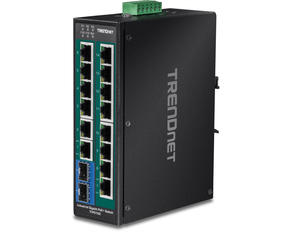 TRENDnet TI-PG162 16-Port PoE+ Switch DIN-Rail Industrial Gigabit