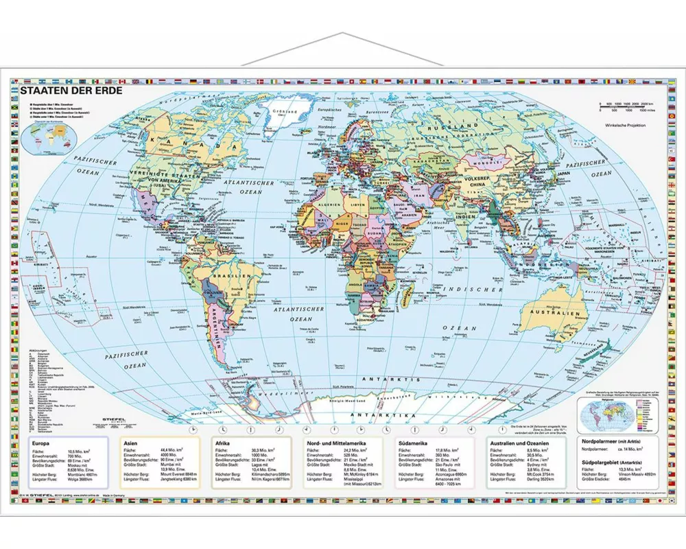 Staaten der Erde, politisch 1 : 40 000 000. Wandkarte Kleinformat mit Metallstäben
