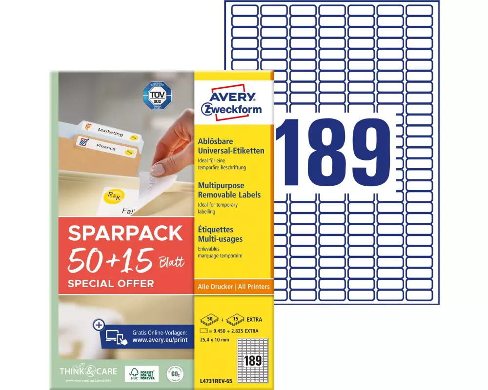 Avery Zweckform Universal-Etiketten L4731REV-65, 25.4 x 10 mm, 65 Blatt