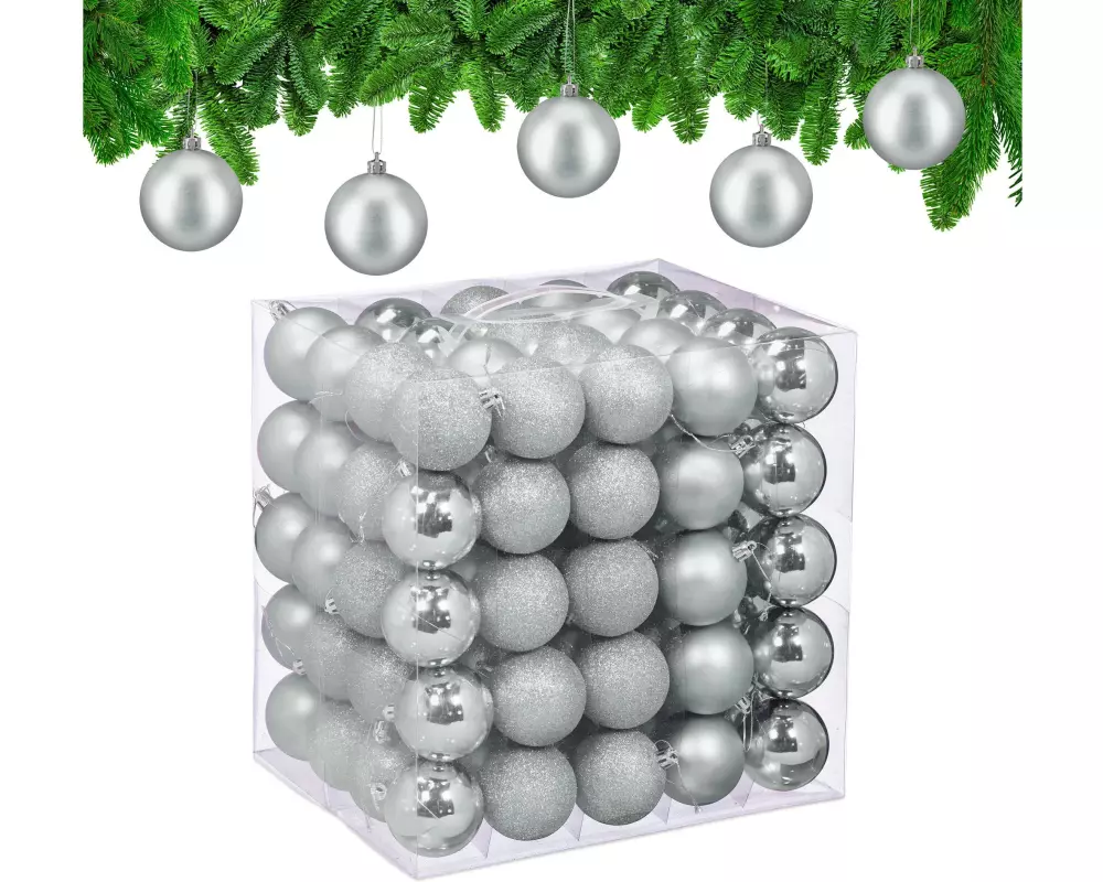 relaxdays Weihnachtskugeln im 100er-Set Matt-Glänzend-Glitzer Silber Silber