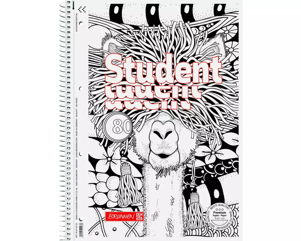 Brunnen Collegeblock ZENart Lama, A4, Liniert, Weiss; Schwarz