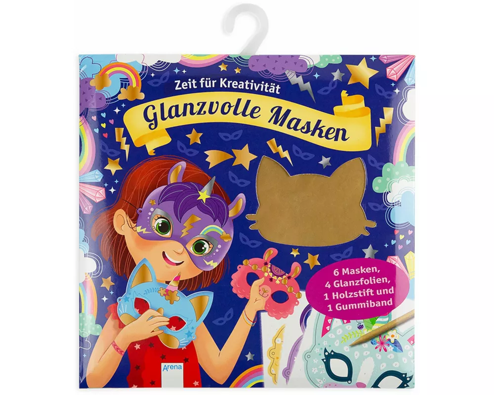 Krickel-Kratz-Malbilder. Glanzvolle Masken (6 Masken, 4 Glanzfolien, ein Holzstift und ein Gummiband)