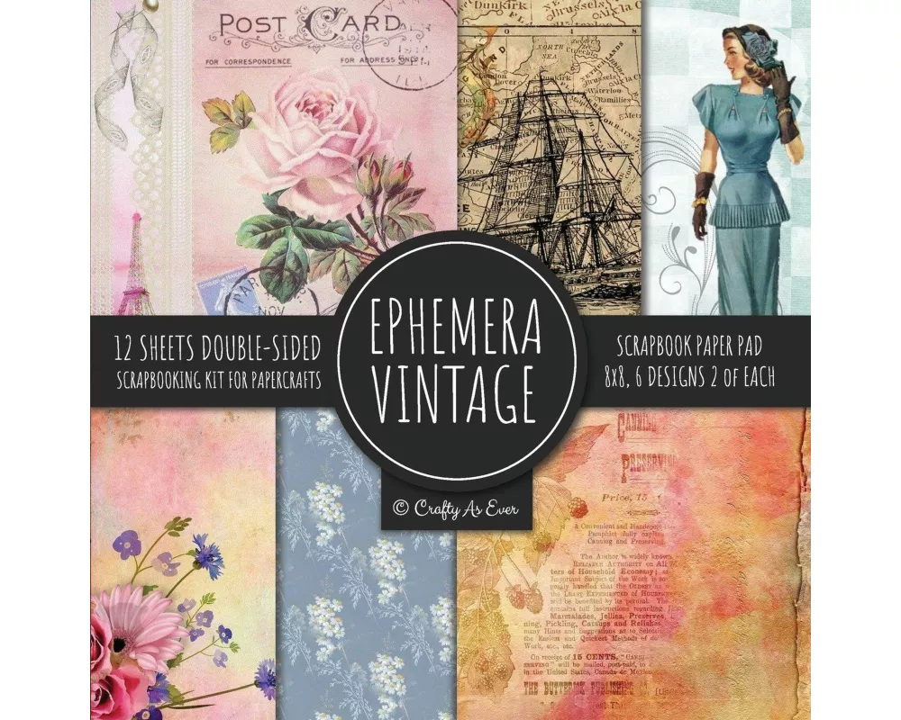 Ephemera Vintage Scrapbook Paper Pad 8x8 Scrapbooking Kit for Papercrafts, Cardmaking, DIY Crafts, Old Retro Theme, Decoupage Designs