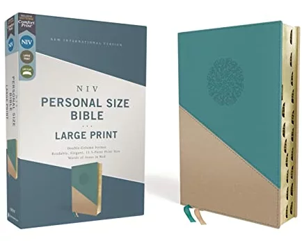 NIV, Personal Size Bible, Large Print, Leathersoft, Teal/Gold, Red Letter, Thumb Indexed, Comfort Print