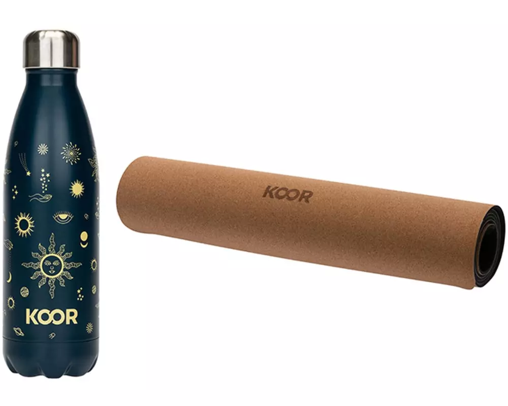 KOOR Yogamatte Kork Pro und Trinkflasche 500 ml