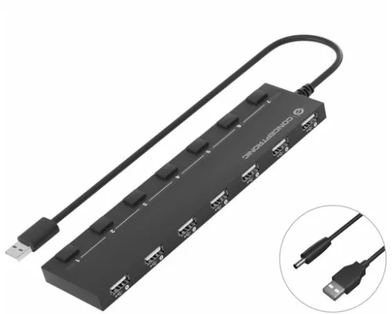 "HUBBIES08B 7-Port USB 2.0 Hub, 90cm Cable, Individual Power Switch"