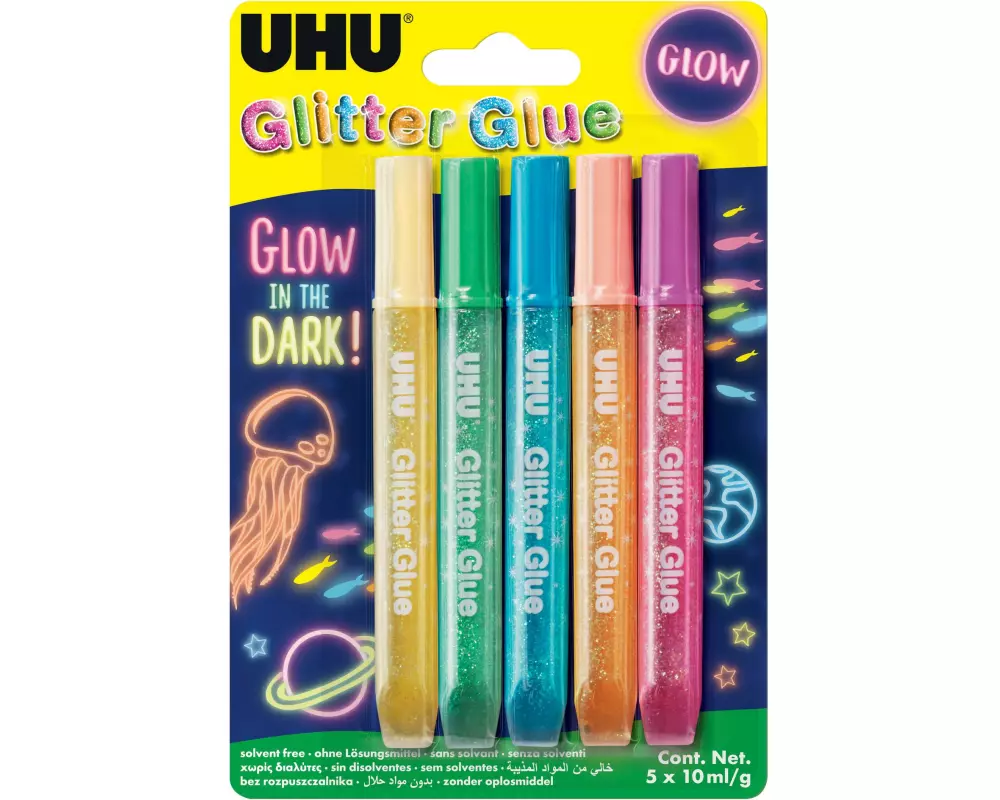 UHU Bastelkleber Glitter Glue Glow 5 x 10 ml