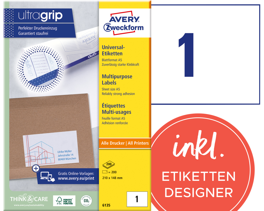 AVERY ZWECKFORM Universal Etiketten 210x148mm 6135 weiss 200 Stk./200 Blatt