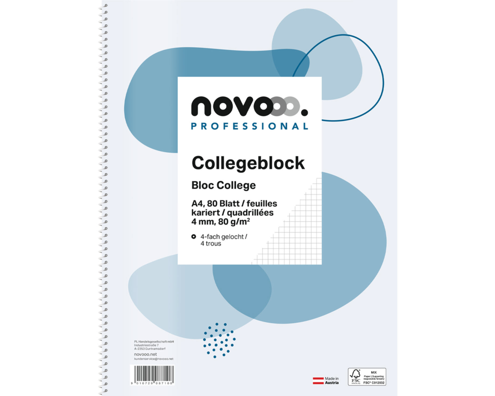 NOVOOO Collegeblock A4 729797 4mm kariert, 80g 80 Blatt