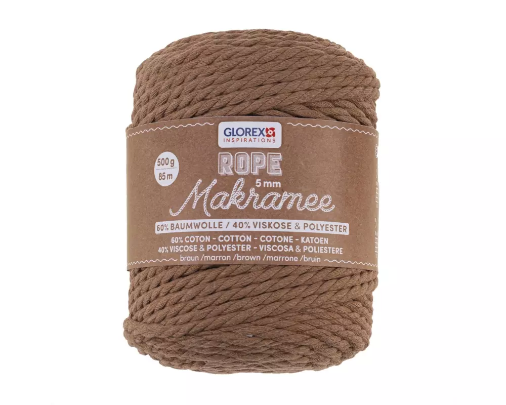 Glorex Wolle Makramee Rope gedreht 85 m x 5 mm, 500g, Braun
