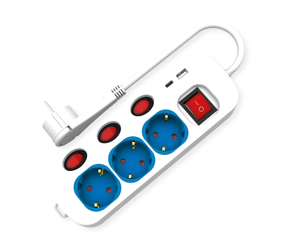 ROLINE 3-fach Steckdosenleiste mit Schalter, USB-Charger A+C, 3 m