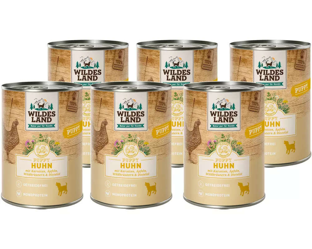 Wildes Land Nassfutter Dog Puppy Huhn mit Karotte & Apfel, 6 x 400 g