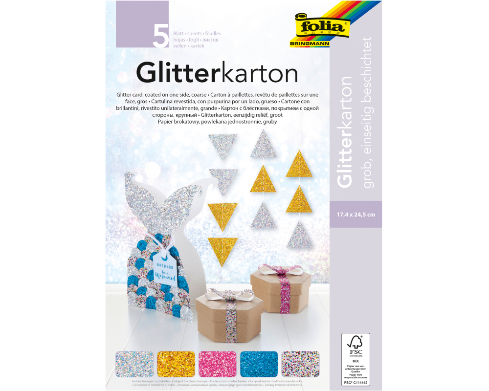 FOLIA Glitterkarton 86139 Grob 5 Blatt, farbig