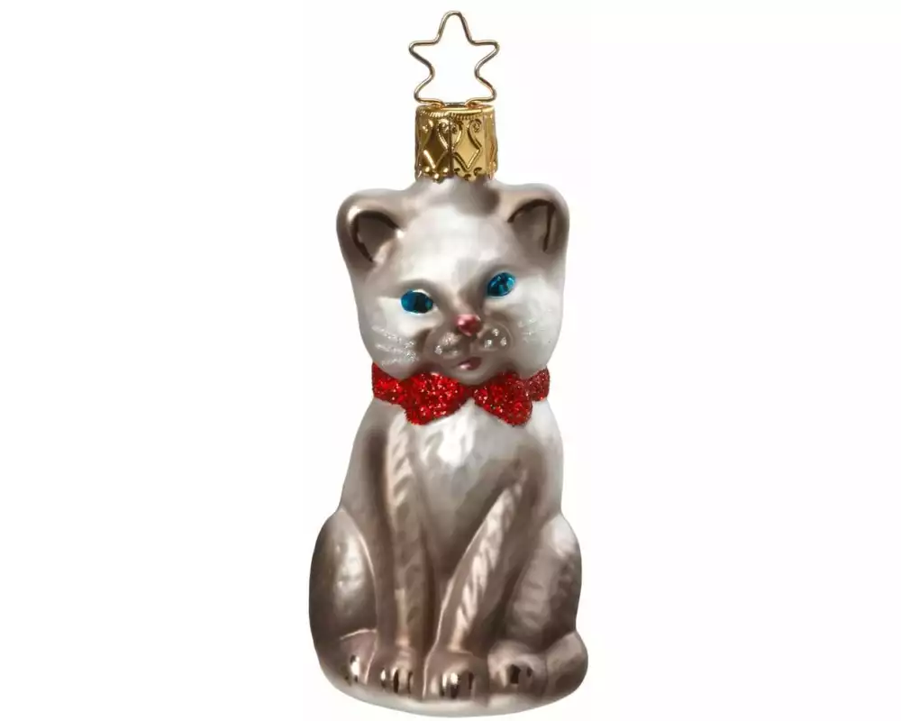 Inge Glas Manufaktur Weihnachtskugel Katze Grau 8.5 cm, Beige/Rot