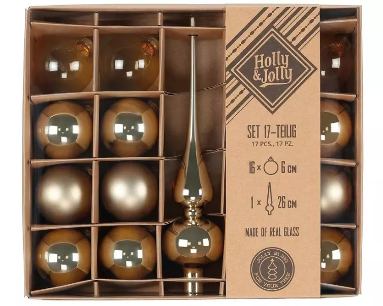 Holly & Jolly Weihnachtskugel Brocade Gold 17 Stück, 6cm – mit Spitze