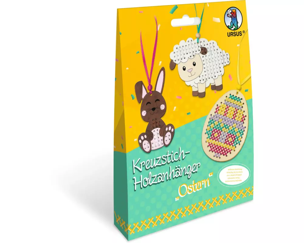 URSUS Bastelset Kreuzstich-Holzanhänger Ostern 3 Stück, Mehrfarbig
