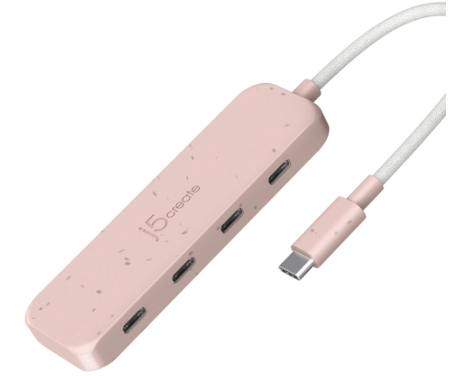 j5create Eco-Friendly USB-C to 4-Port Type-C Gen 2 Hub. Host interface: USB 3.2 Gen 1 (3.1 Gen 1) Type-C, Hub interfaces: USB 3.2 Gen 2 (3.1 Gen 2) Type-C. Data transfer rate: 10000 Mbit/s, Product colour: Rose, Housing material: Acrylonitrile butadiene styrene (ABS), Recycled plastic. Other operating systems supported: ChromeOS. Width: 100 mm, Depth: 27 mm, Height: 19 mm. Quantity per pack: 1 pc(s), Package width: 190 mm, Package depth: 85 mm