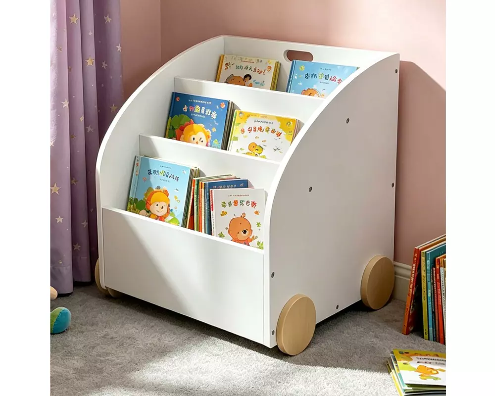relaxdays Kinderregal MDF Weiss Natur mit Rollen und Geheimfach