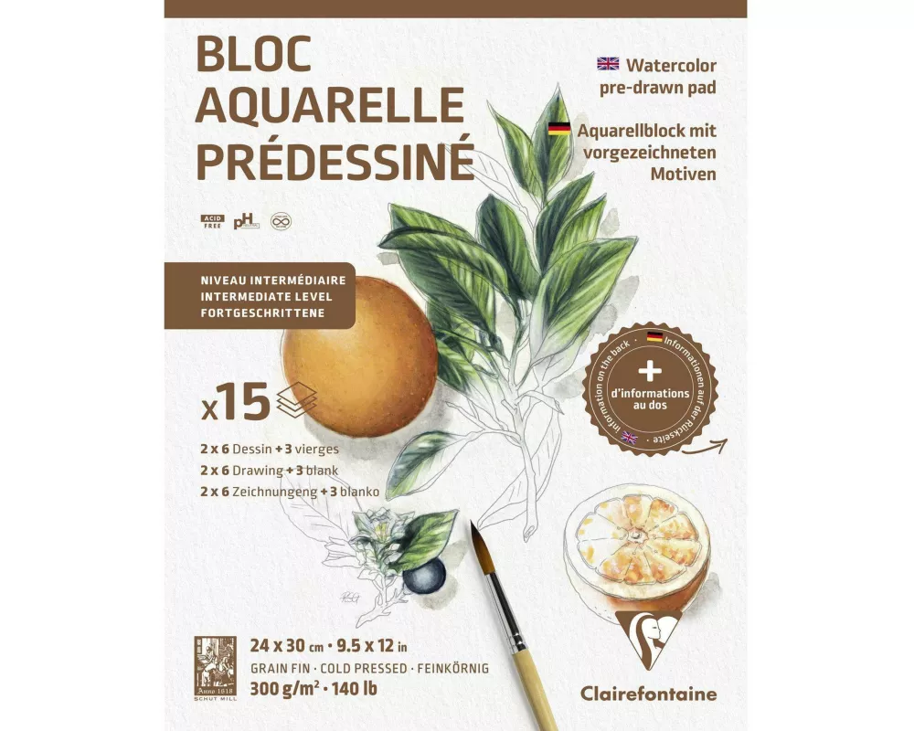 Aquarellblock 24x30 cm mit vorgezeichneten Motiven, 15 Blatt 300g, Motiv Botanik