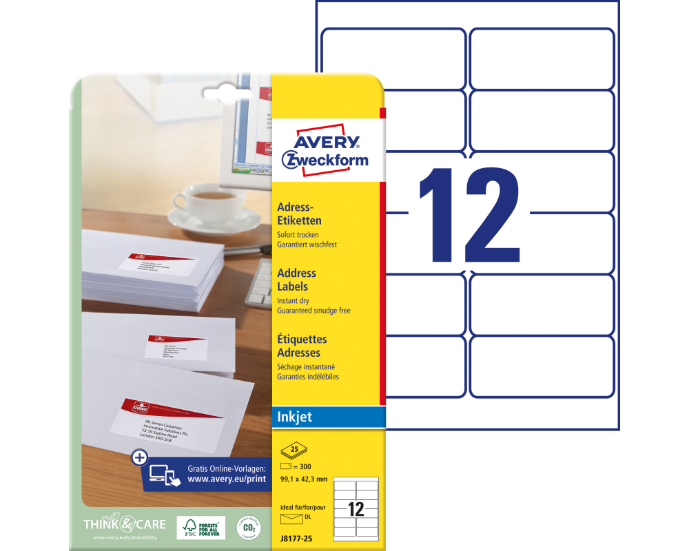AVERY ZWECKFORM Adressetiketten 99,1x42,3mm J8177-25 InkJet, weiss 300 Stk./25 Bl.