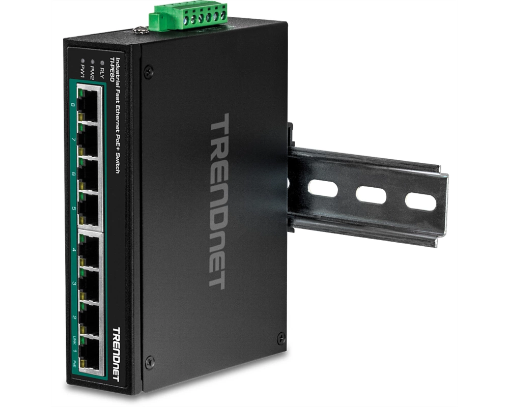 TRENDnet TI-PE80 Industrial Fast Ethernet PoE+ DIN-Rail Switch 8-Port