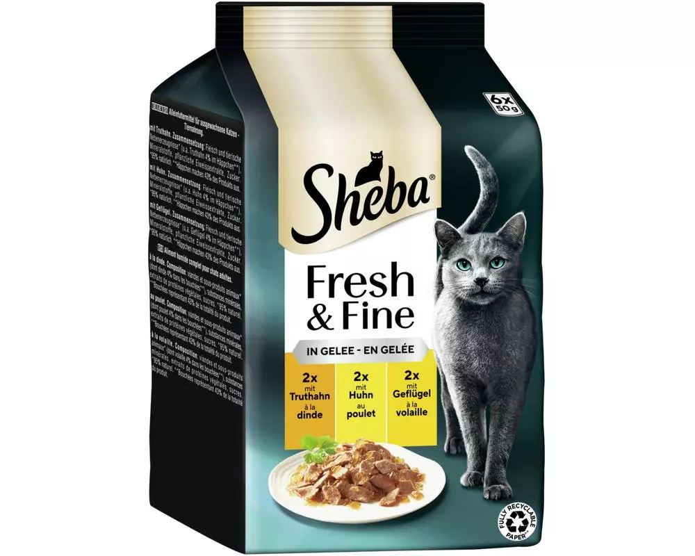 Sheba Nassfutter Gelee mit Truthahn, Huhn und Geflügel, 6 x 50g