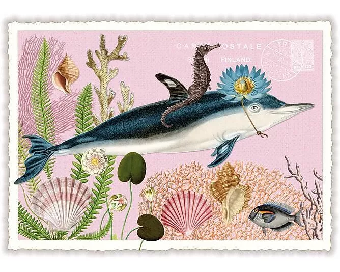 Postkarte / Delfin mit Blumenhut / blanko