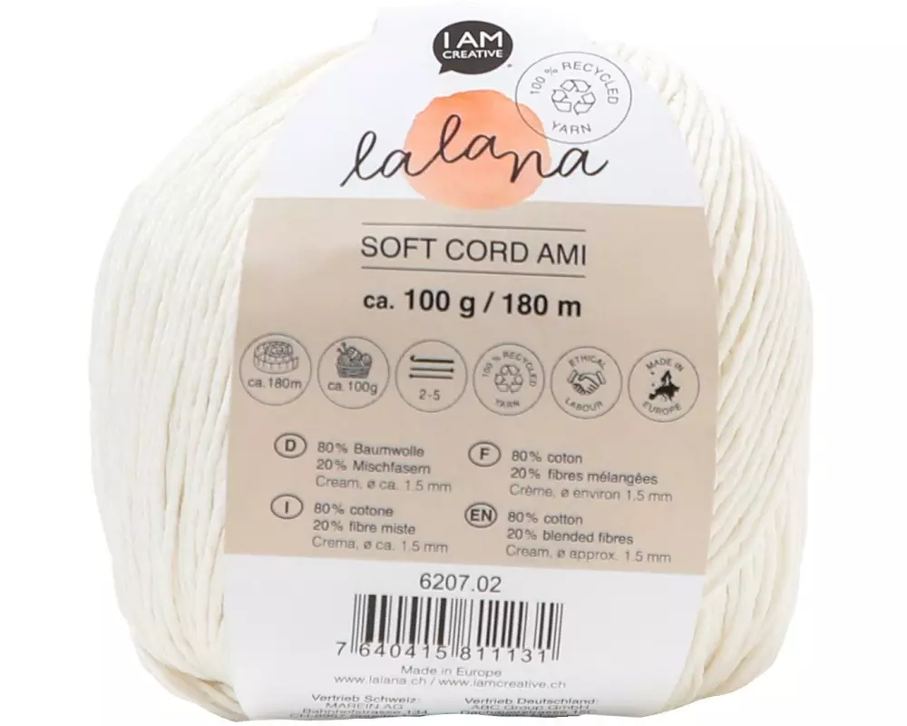 lalana Wolle Soft Cord Ami 100 g, Crème