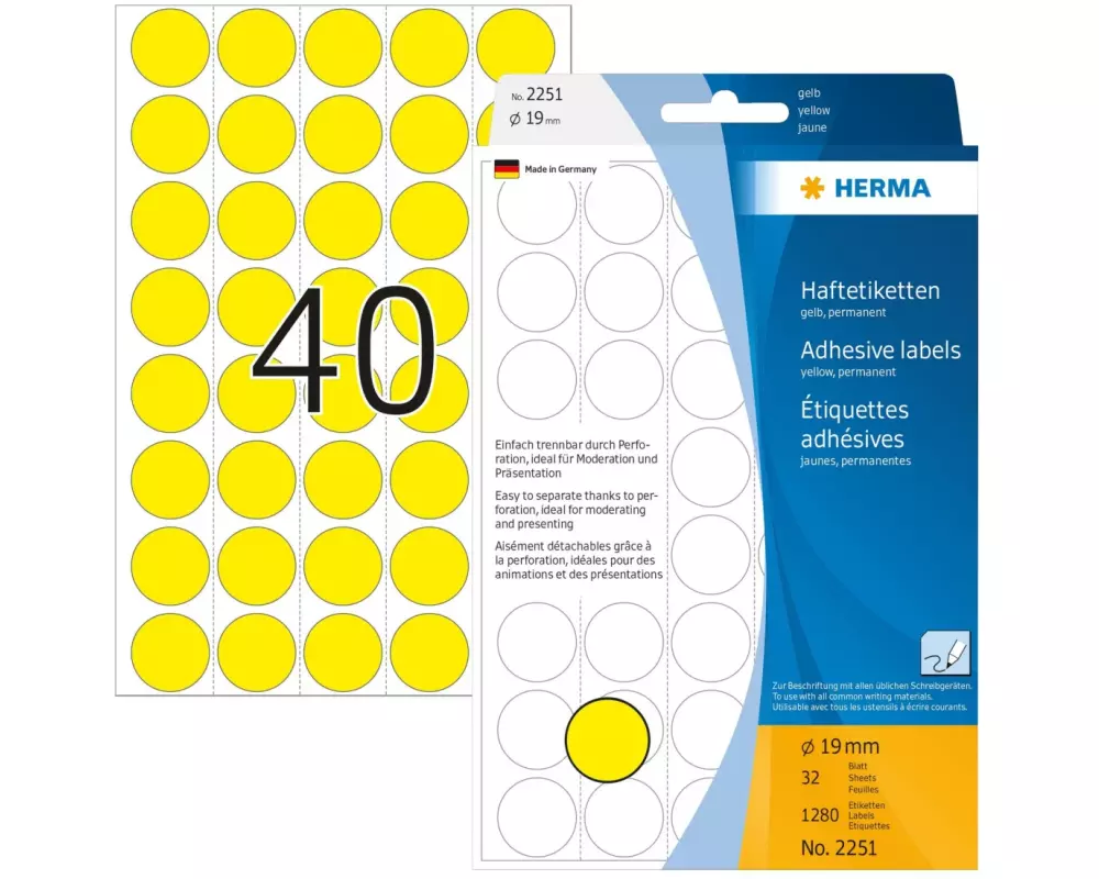 HERMA Vielzweck-Etiketten 2251 Gelb Ø 19 mm, 32 Blatt