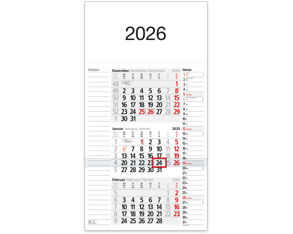 BÜHNER 3-Monatskalender 2026 M3KPNBL-R-FS ML 30x56cm