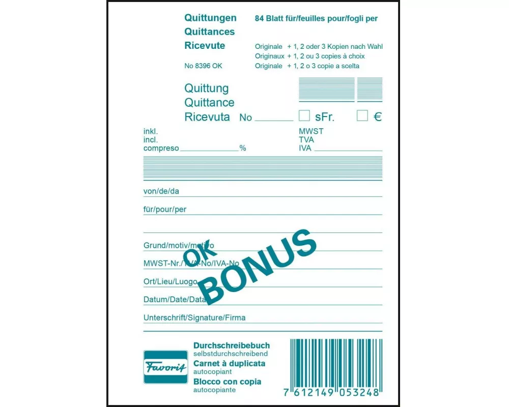 Favorit Durchschreibeblock 104 x 144 mm Quittungen Bonus, 84 Blatt