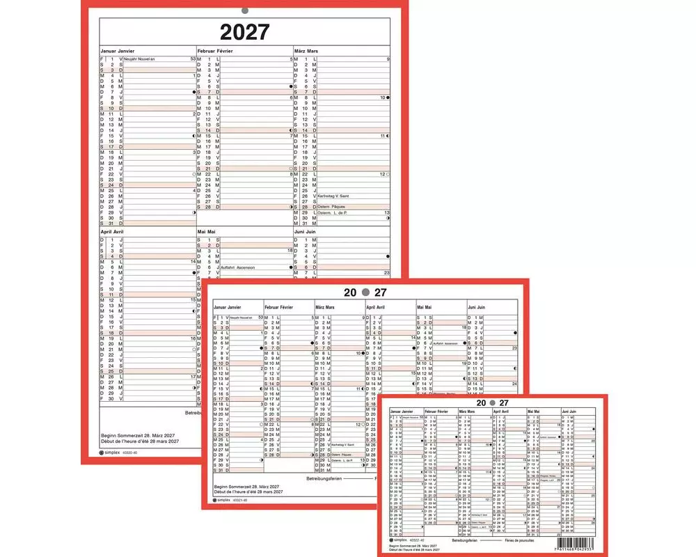 Simplex Tafelkalender 2027 A6 Querformat, D/F, Weiss/Rot