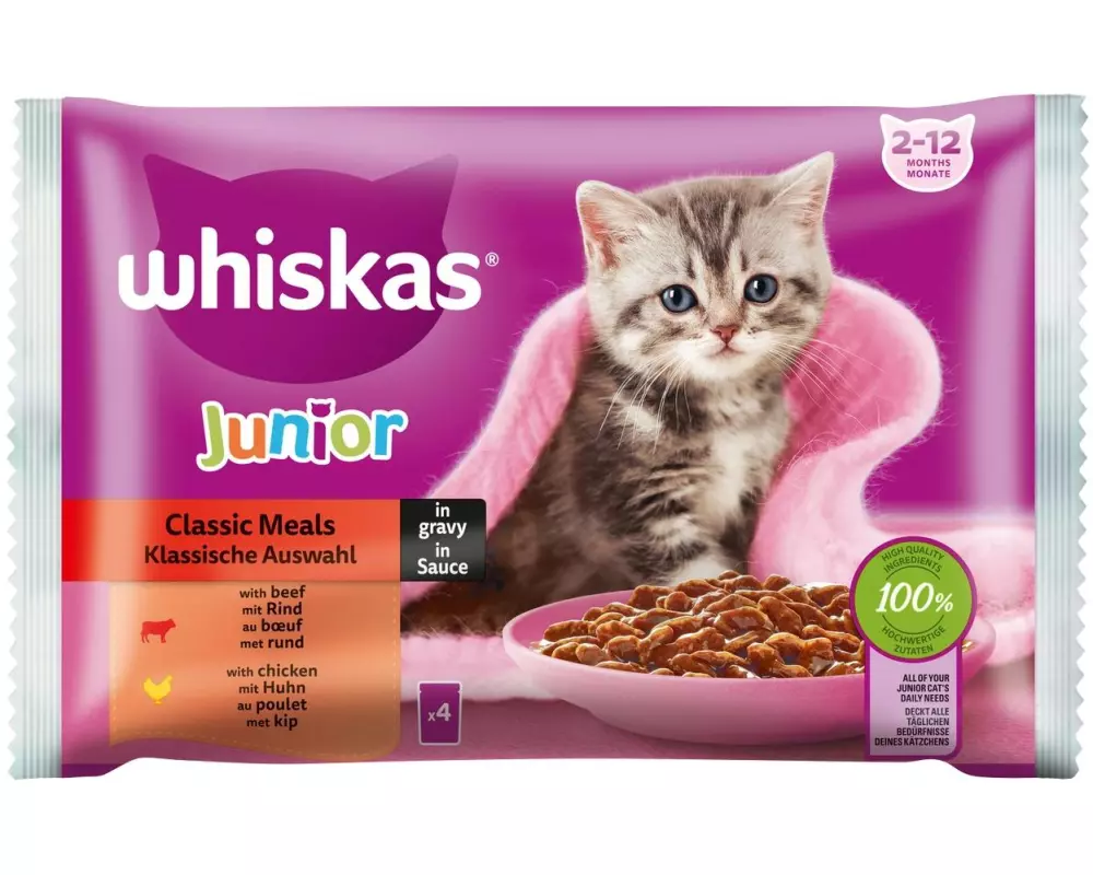 Whiskas Nassfutter Junior Rind und Huhn 4 x 85 g
