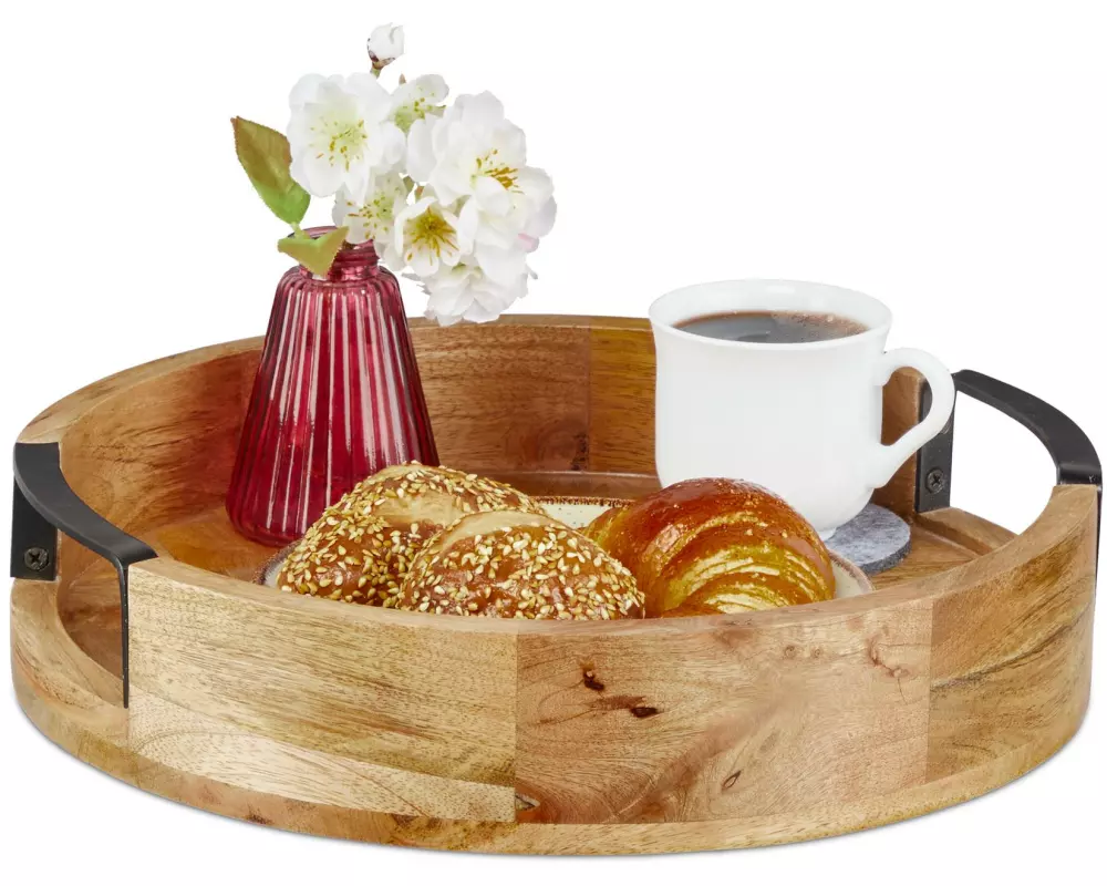 relaxdays Serviertablett Mangoholz Natur, Schwarz, 35 cm