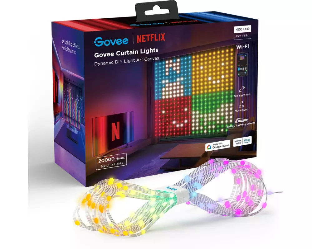 Govee LED-Stripe Curtain Lights RGBIC, 25 Watt, 1.5 x 1.5m
