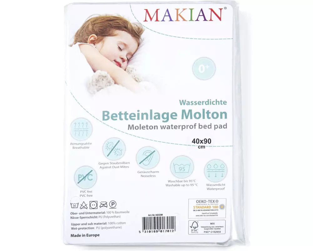 MAKIAN Matratzenschutz Molton, 1-er Pack 40 x 90 cm, Weiss