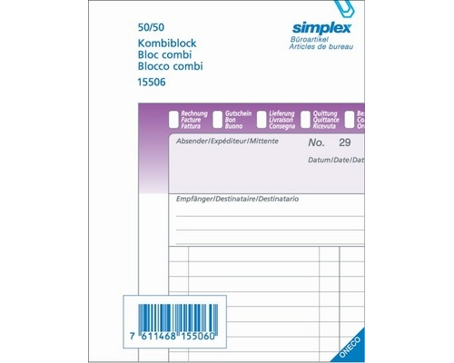 SIMPLEX Kombiblock D/F/I A6 15506 Durchschreibepapier 50x2 Blatt