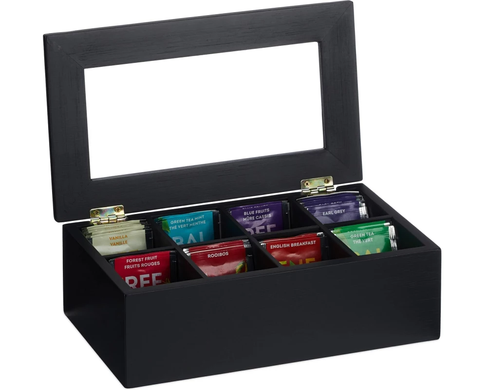 relaxdays Teebeutel-Box 8 Fächer, Schwarz/Transparent