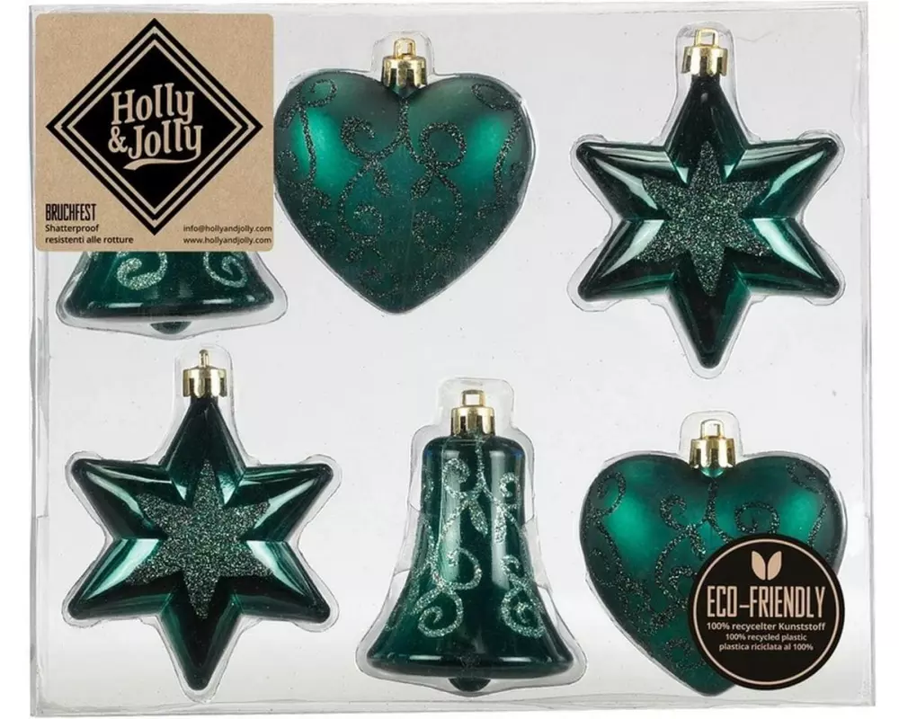 Holly & Jolly Weihnachtskugel Noble Green verschiedene Formen, 6 Stück