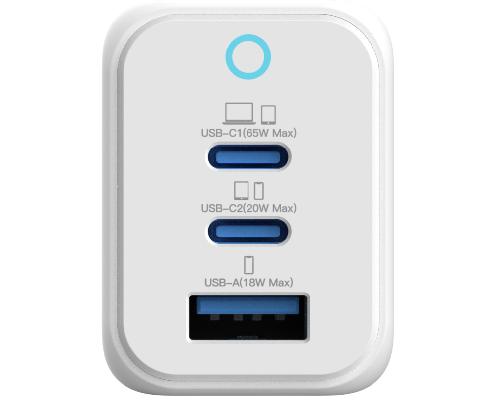 VINNIC FERNOW GaN 65W,Wallcharger VPCG-GA65WG1-EUWH 2x USB C, 1x USB-A, White