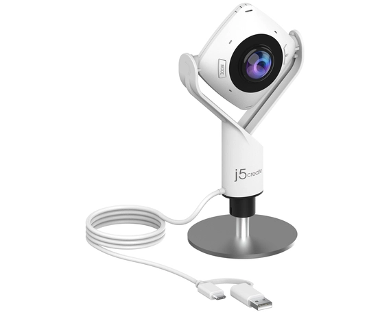 j5create JVCU360 360° All Around Webcam, 1080p Video Capture Resolution, White and Black. Megapixel (approx.): 2.07 MP, Maximum video resolution: 1920 x 1080 pixels, Camera HD type: Full HD. Interface: USB 2.0, Product colour: Black, White, Mounting type: Stand. Other operating systems supported: ChromeOS. Width: 93.5 mm, Depth: 37 mm, Height: 193 mm. Package type: Box, Package width: 193 mm, Package depth: 125 mm