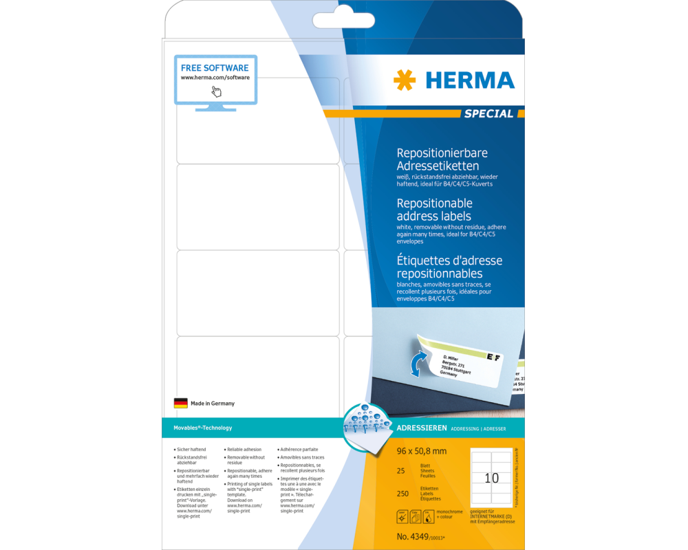 HERMA Etiketten SPECIAL 96x50.8mm 4349 weiss,non-perm. 250 St./25 Bl.