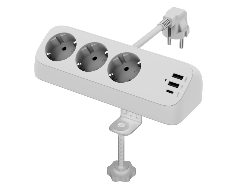 VALUE Tisch-Steckdosenleiste, 3fach mit Tisch-Klemme, inkl. USB-Charger (2x USB-A, 1x USB-C), 1,5 m
