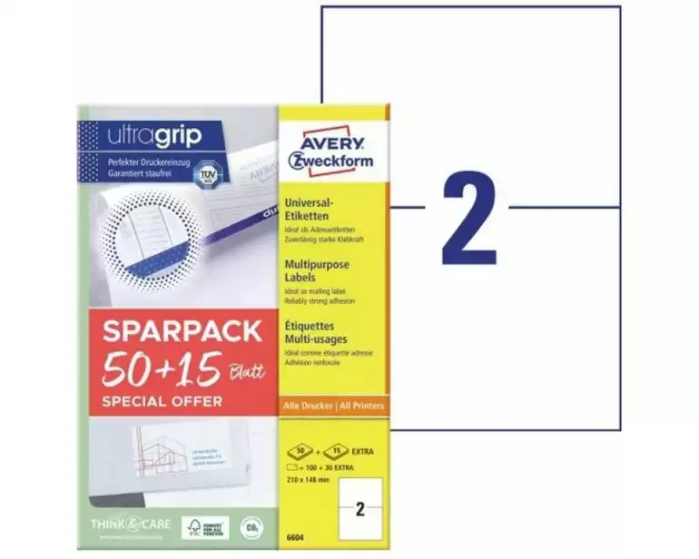 Avery Zweckform Universal-Etiketten 210 x 148 mm,130 Etiketten / 65 Bogen