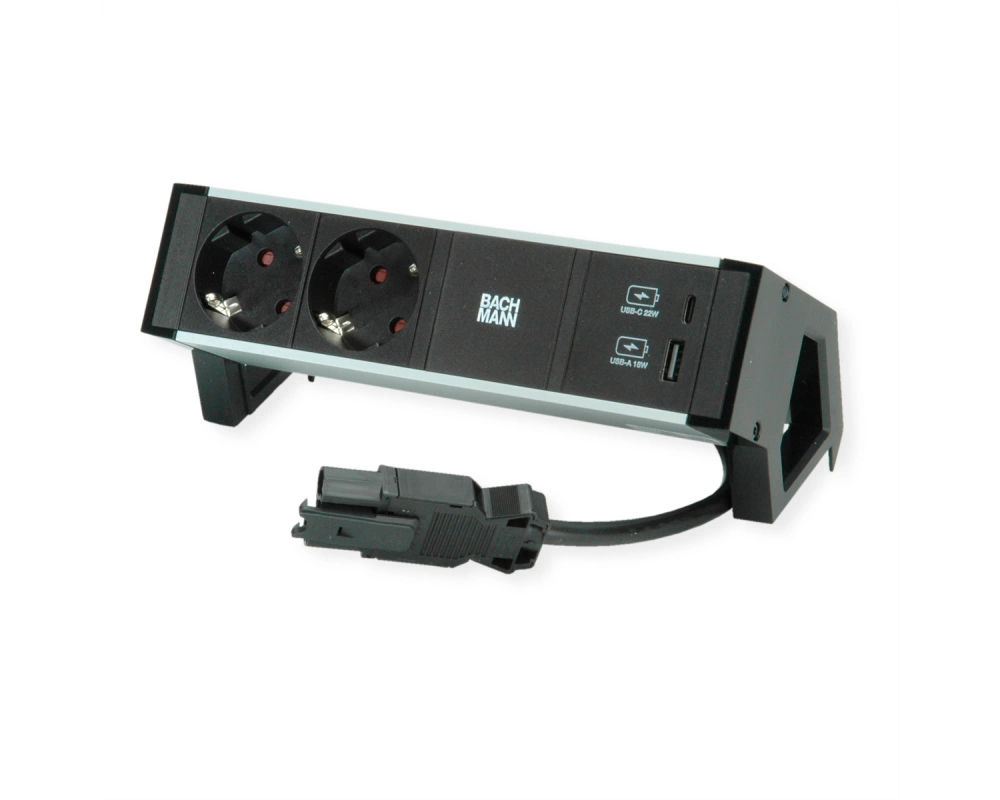BACHMANN DESK2 ALU BLACK 2xSchutzkt.USB, USB Charger 22W A&C 0,2m GST18
